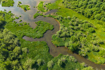 Aerial perspective of a winding river flowing through a lush green wetland, with patches of water...