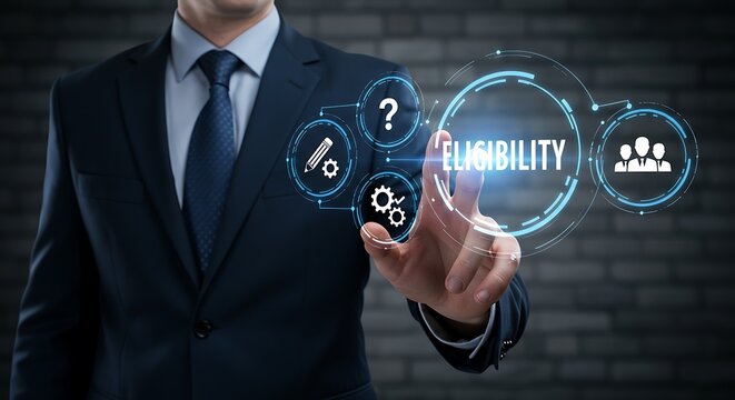 Businessman in dark suit interacts with eligibility criteria digital interface showing question mark gears pencil