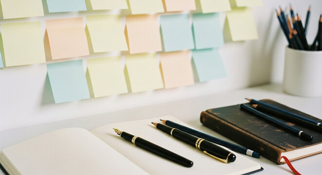 Colorful Sticky Notes and Office Supplies on Desk - Organization & Creative Workspace