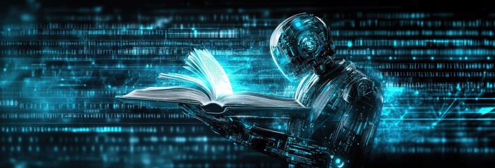 Futuristic Cyborg Reading Book Glowing Pages On Data Background Digital Learning