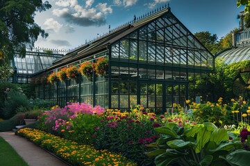 Fototapeta premium Colorful flowerbeds growing outside a beautiful victorian greenhouse in a botanical garden, horticulture and gardening concept