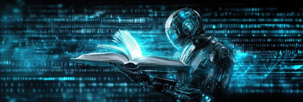 Futuristic Cyborg Reading Book Glowing Pages On Data Background Digital Learning