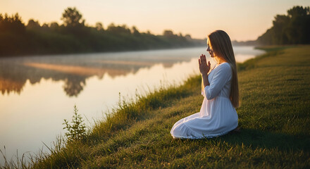 A woman is sitting near the riverside and meditating.