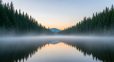 Fototapeta premium Serene Mist-Shrouded Lake at Dawn A Breathtaking Nature Scene
