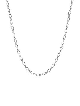 Close up dainty figure eight Sterling silver chain layering necklace permanent jewelry isolated white background