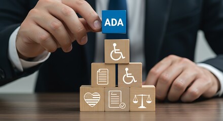 Businessman placing A D A cube atop wooden blocks showing disability accessibility symbols American flag document