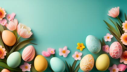 beautiful easter eggs banner with flowers and copy space