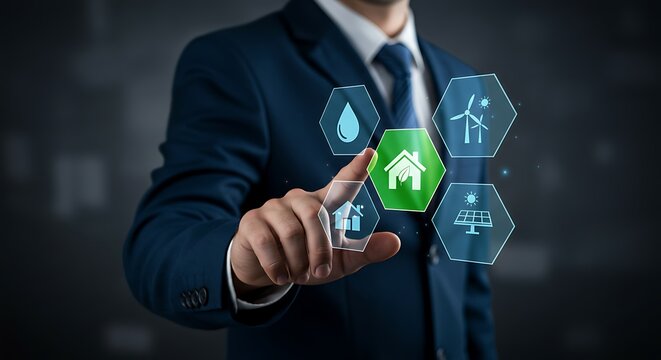 Businessman Interacting with Green Technology Interface Showing Home Energy Efficiency Water Conservation Wind Power