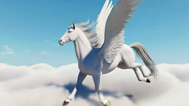 A 3d white Pegasus galloping on white fluffy clouds through a blue sky