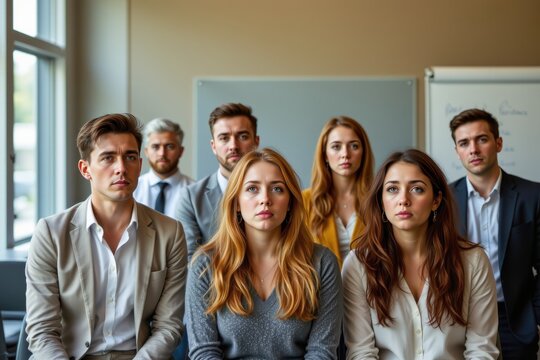 Group of stressed business people sitting together in a meeting at an office. - Powered by Adobe