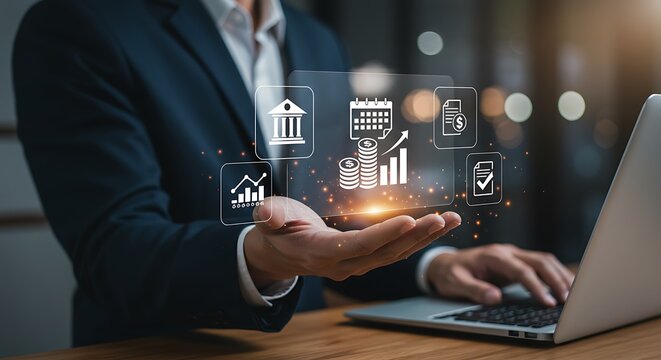 Businessperson Hands Holding Holographic Financial Icons Growth Chart Bank Building Calendar Document Laptop Dark - Powered by Adobe