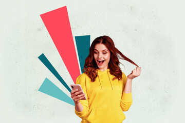 Full poster art photo collage of happy businesswoman businessman stand geometric figure development...