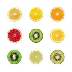 Obraz premium Vibrant Assortment of Fresh Citrus and Tropical Fruits Displayed in Eye-Catching Arrangement on White Background Transparent background or PNG