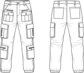 Technical flat sketch of multi-pocket cargo pants with elastic cuffs, front and back view, detailed cad fashion vector illustration