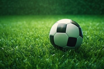 Fototapeta premium Classic soccer ball sits on a vibrant green field, evoking anticipation for the upcoming match