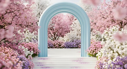 Light Blue Arch, White Stairway, and Blossoms in Bloom