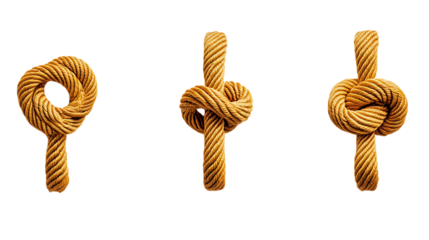 Three different knots tied in thick brown rope isolated on white or transparent png