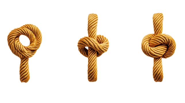 Three different knots tied in thick brown rope isolated on white or transparent png