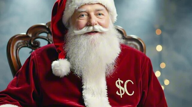 Santa Claus with $C initials stitched on his suit