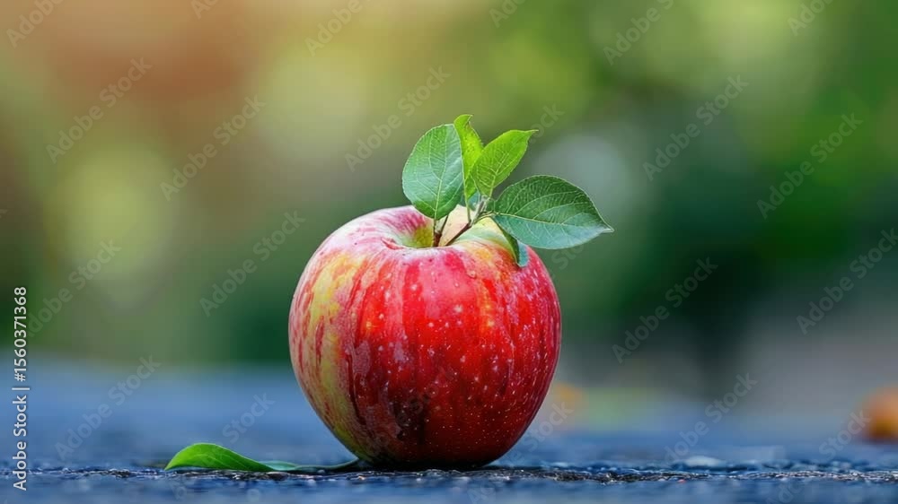 Poster a close-up shot of a ripe red apple with a green leaf on top