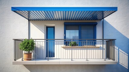 Fototapeta premium Modern Apartment Balcony with Blue Awning and Metal Railing, Ideal for Relaxation and Urban Living