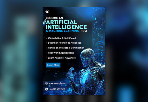 Artificial Intelligence Course Flyer Template &ndash; Machine Learning Education A4 Layout for Online Programs