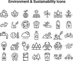 Environment and Sustainability Line Icon Set – 35 Flat Eco Vector Illustrations on White Background
