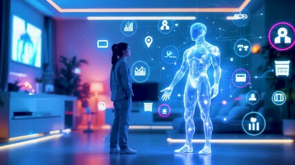 Woman interacting with a life sized holographic celebrity assistant in a smart home, surrounded by digital icons and futuristic ambient lighting, agentic AI. - Powered by Adobe