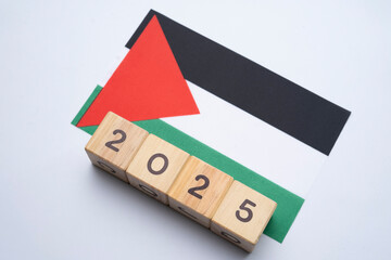 2025, Palestine Flag with date block, Concept, Important events for Palestine the new year, election, economy, social activities, central bank, Palestine foreign policy
