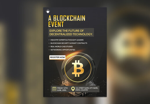 Editable Blockchain Conference Flyer Template &ndash; A4 Size Cryptocurrency Event Poster with Bitcoin Icon in Yellow & Black Theme