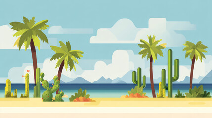 Obraz premium Tropical Beach Scene with Palm Trees and Cacti