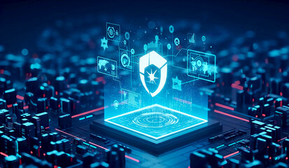 Futuristic digital shield with glowing data streams and network connections