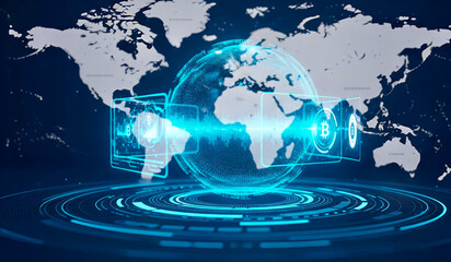 Global bitcoin network with digital world map and futuristic interface