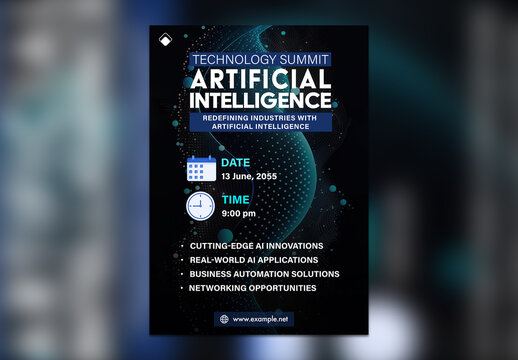 Editable Artificial Intelligence Summit Flyer Template &ndash; A4 Tech Conference Poster in Futuristic Dark Blue Theme
