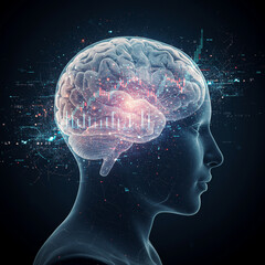 Obraz premium Mind bending illustration of human brain embedded with glowing data charts and digital connections, symbolizing intelligence, technology, and futuristic thinking