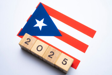 2025, Puerto Rico flag with date block, Concept, Important events for Puerto Rico the new year, election, economy, social activities, central bank, Puerto Rico foreign policy