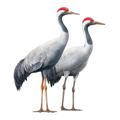 Obraz premium Two Majestic Cranes with Elegant Feathers and Striking Red Caps Standing Gracefully in Natural Environment Transparent background or PNG