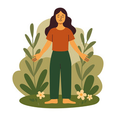 Girl stays barefoot on the grass. People in nature. Girl on a walk. Cottagecore lifestyle. Digital Detox. Harmony with nature vibe. Slow living, relaxing. Flat vector illustration