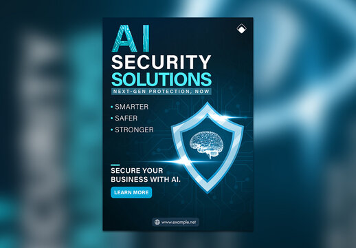 Editable AI Security Solutions Flyer Template &ndash; Vertical A4 Cybersecurity Poster in Blue Technology Theme