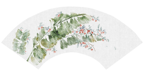 Ink painting of banana leaves and cherries