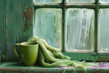 Green mug and scarf sit on weathered windowsill by a peeling, multi paned window, creating a cozy and nostalgic scene