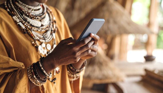 Close up of an african woman using a smartphone at home with a warm and inviting atmosphere capturing daily life moments