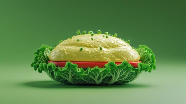 Artistic illustration of a creative vegetable burger with lettuce bun tomato and creamy yellow filling on a green background - Powered by Adobe