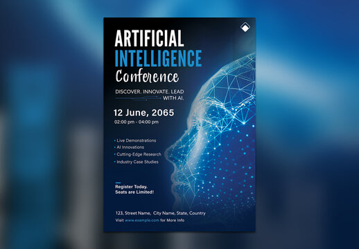 Editable Artificial Intelligence Conference Flyer Template &ndash; A4 Vertical Event Poster for AI Innovation, Tech, and Research Summits