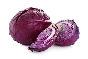 Whole and cut fresh red cabbages isolated on white