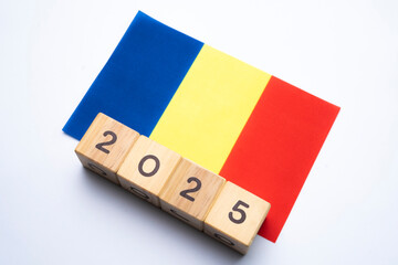 2025, Romania flag with date block, Concept, Important events for Romania the new year, election, economy, social activities, central bank, Romania foreign policy