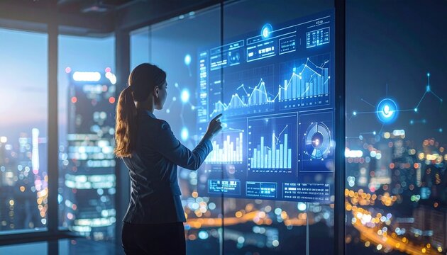 A financial analyst in a modern office at night examines stock market data and charts on multiple large screens, suitable for finance, investment, and business technology concepts