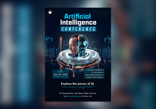 Editable Artificial Intelligence Conference Flyer Template &ndash; Futuristic Human-AI Hybrid Event Poster Design in Blue Tech Theme
