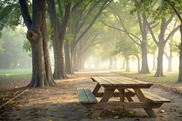 Empty Wooden Picnic Table on Leaf-Covered Forest Trail with Morning Light