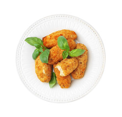 Tasty fried croquettes and basil isolated on white, top view